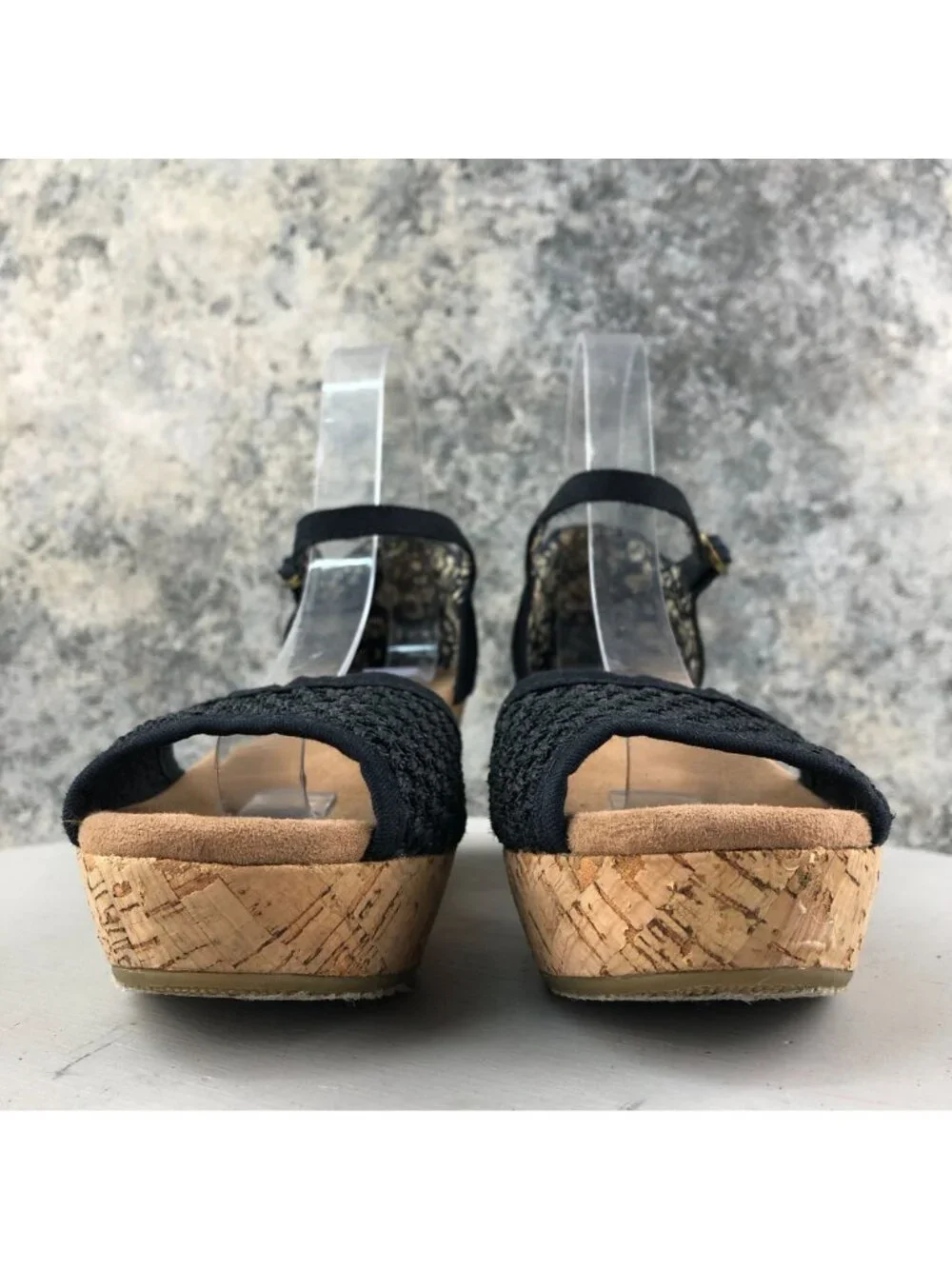 Toms Women's Size 8.5 Black Open Toe Ankle Strap High Heel Cork Wedges Sandals
